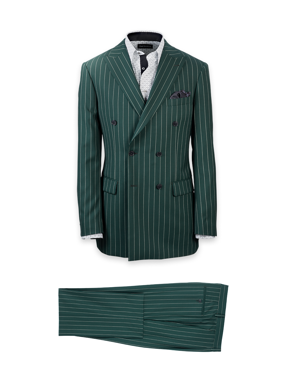 Wool Stretch Stripe Double Breasted Peak Lapel Suit - Dark Green