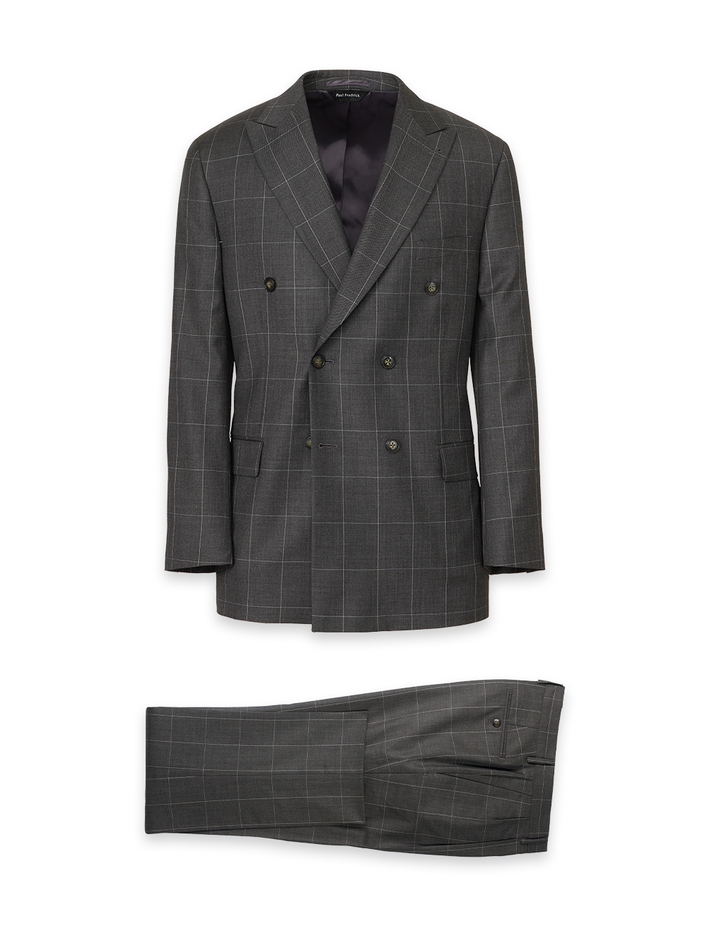 Wool Windowpane Double Breasted Peak Lapel Suit - Charcoal – Paul