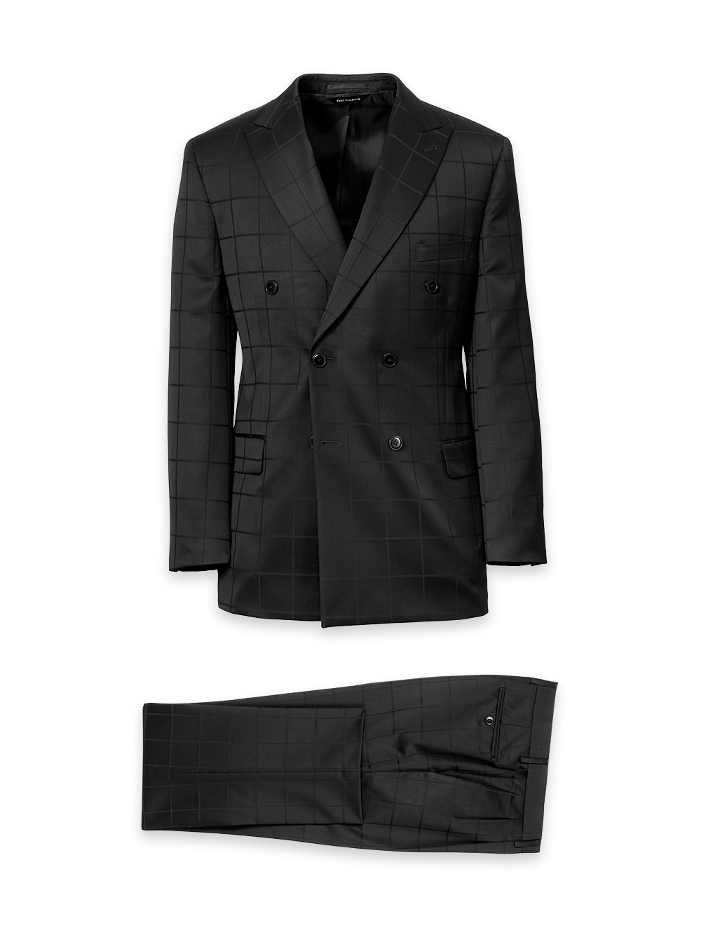 Wool Windowpane Double Breasted Peak Lapel Suit - Black – Paul
