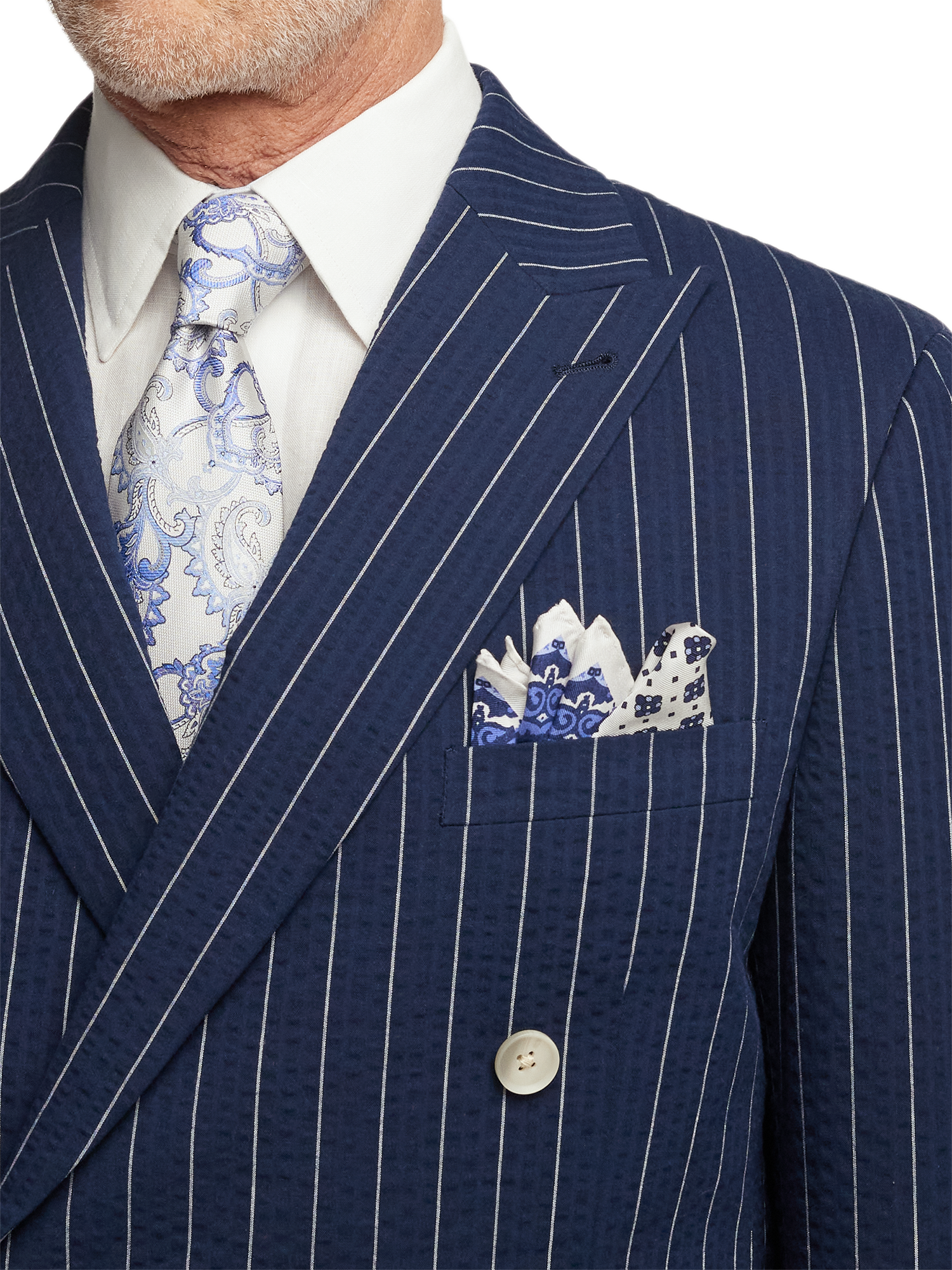 Cotton Stretch Pinstripe Peak Lapel Suit - Navy