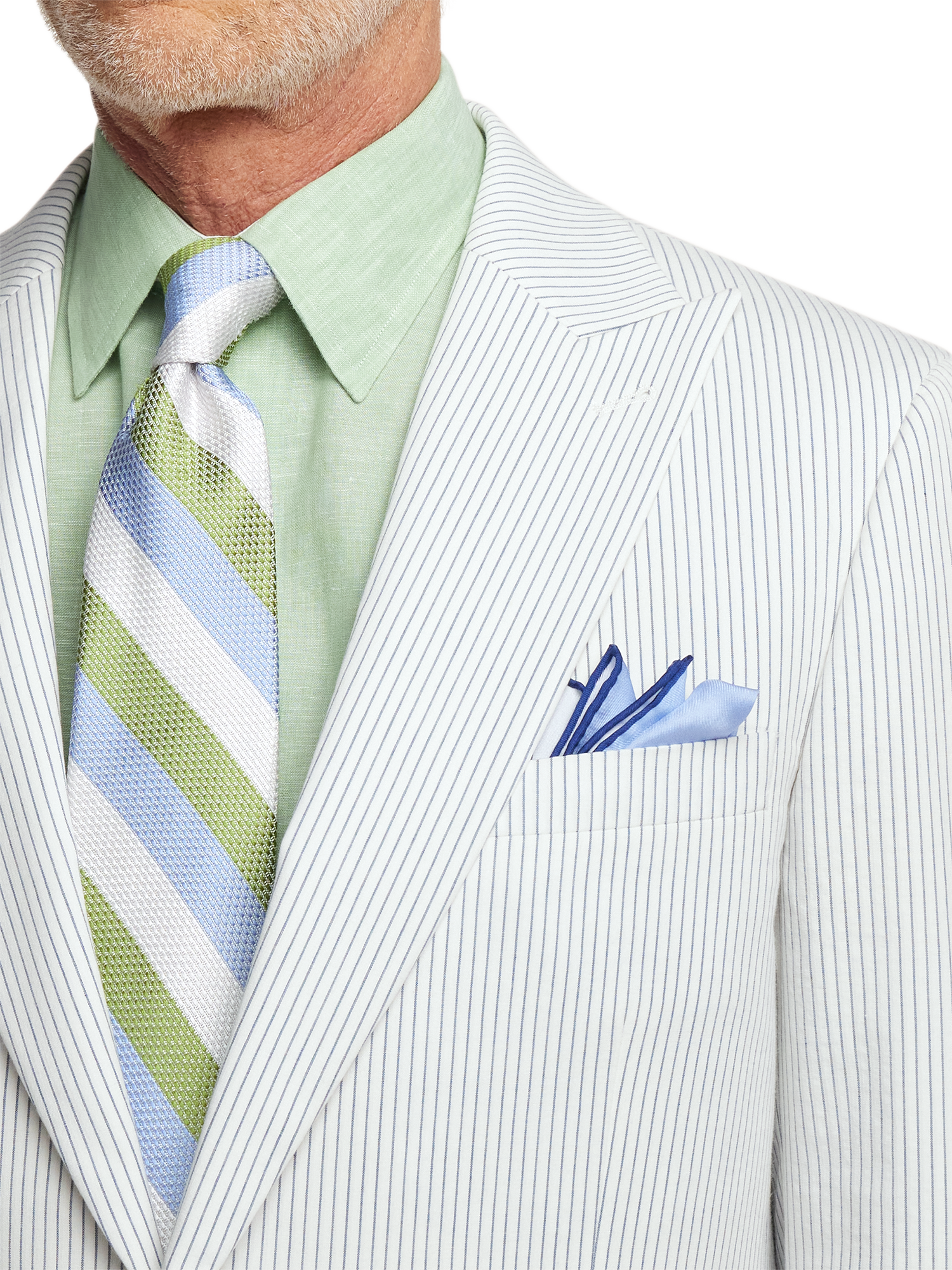 Cotton Stretch Stripe Seersucker Peak Lapel Suit - White/blue