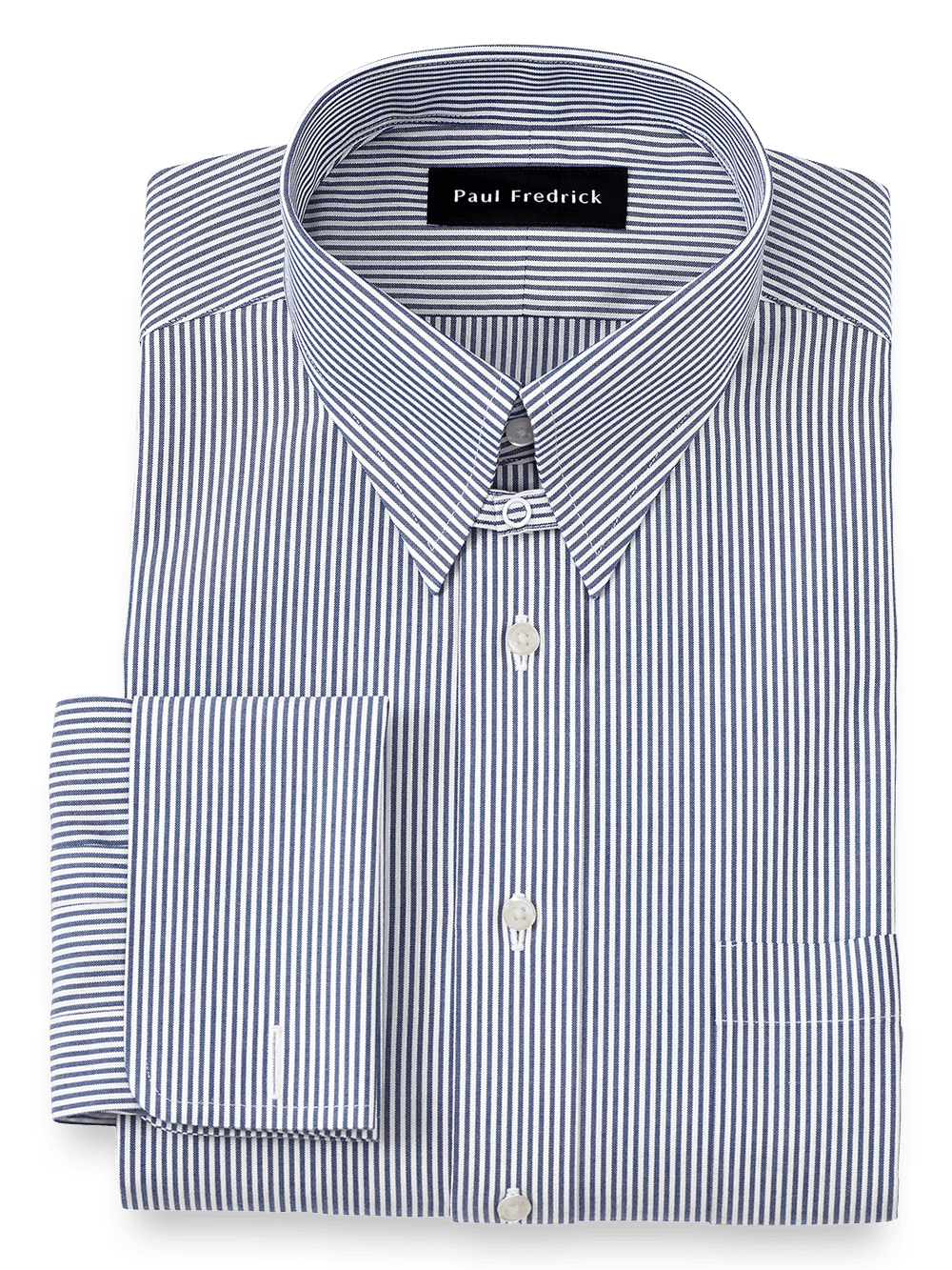 Product Image of Non-iron Cotton Pinpoint Solid Snap Tab Collar French Cuff Dress Shirt-Blue Stripe