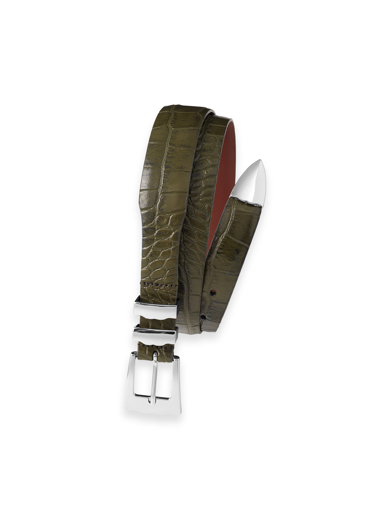 Crocodile Embossed with Metal Keeper & Tip Belt - Olive
