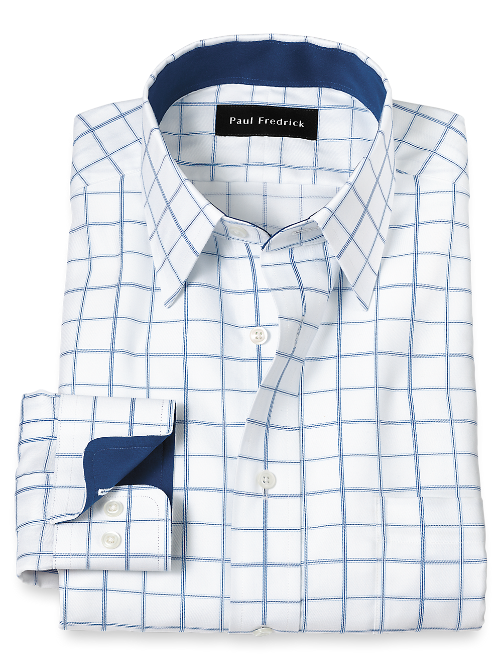 Non Iron Cotton Windowpane Dress Shirt With Contrast Trim White blue Paul Fredrick