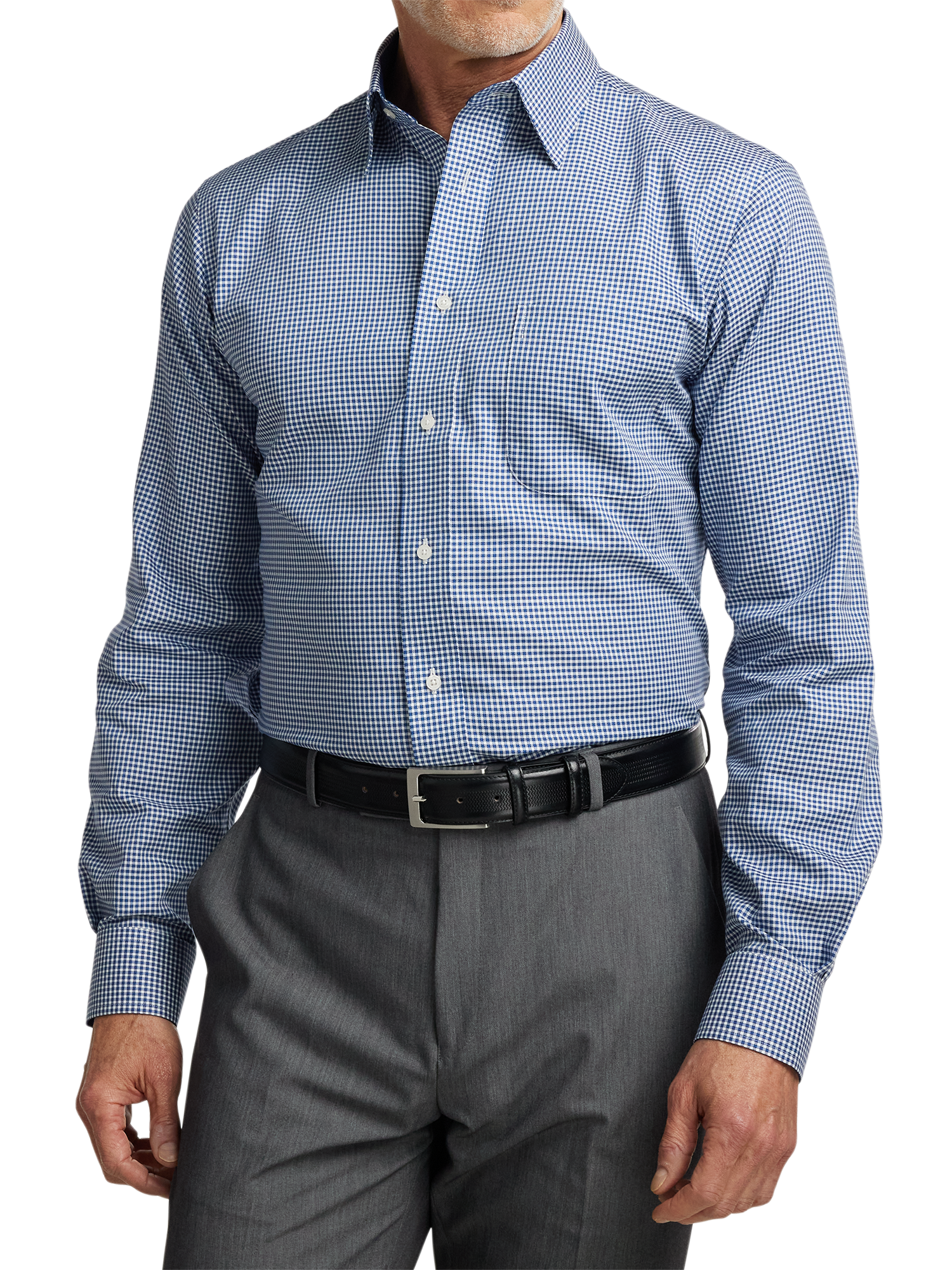 Non-Iron Cotton Gingham Dress Shirt With Contrast Trim - Navy