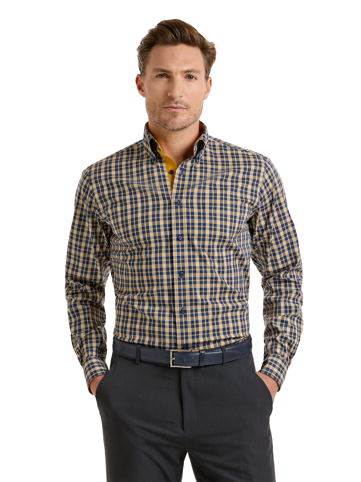 Comfort Stretch Non-Iron Check Dress Shirt With Contrast Trim - Navy/gold