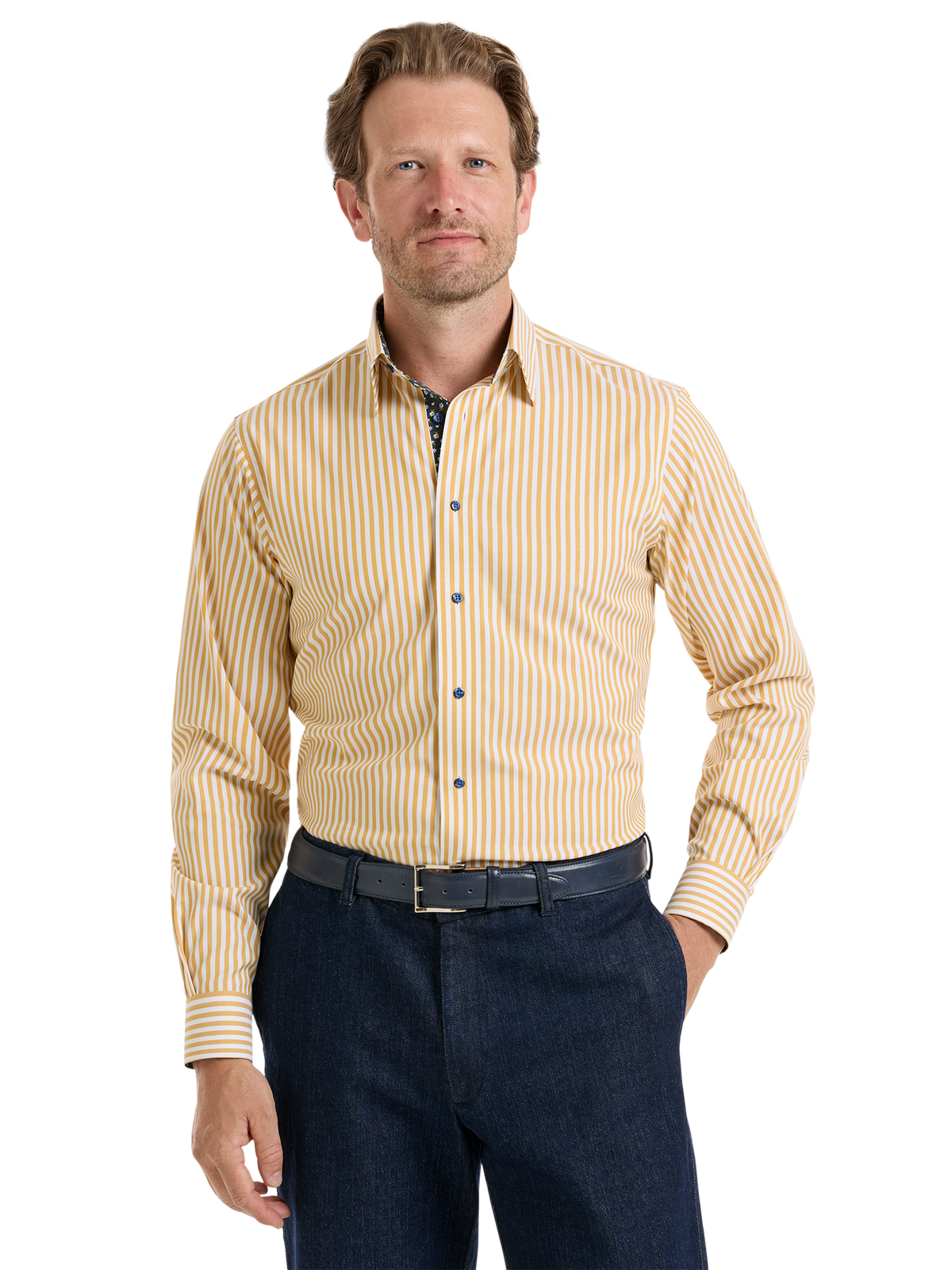 Comfort Stretch Non-Iron Stripe Dress Shirt With Contrast Trim - Gold/navy