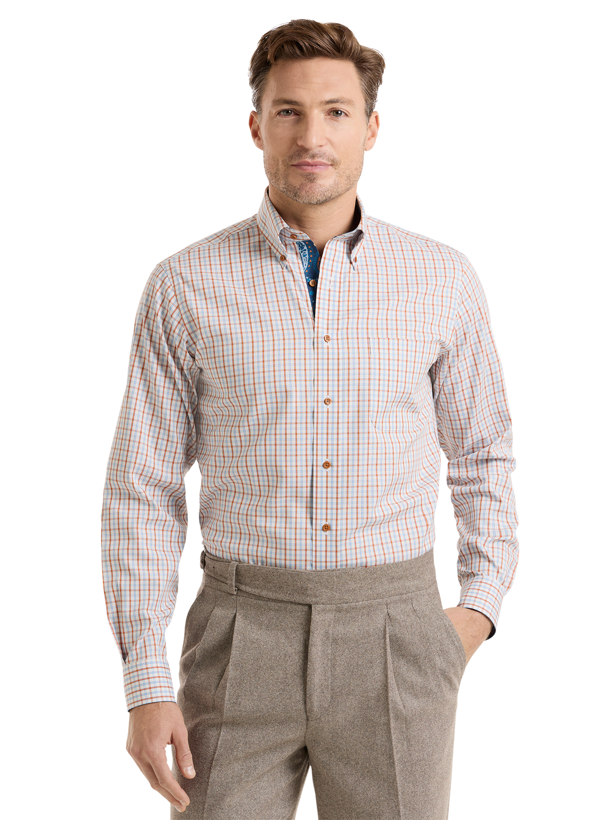 Non-Iron Cotton Check Dress Shirt With Contrast Trim - Blue/rust