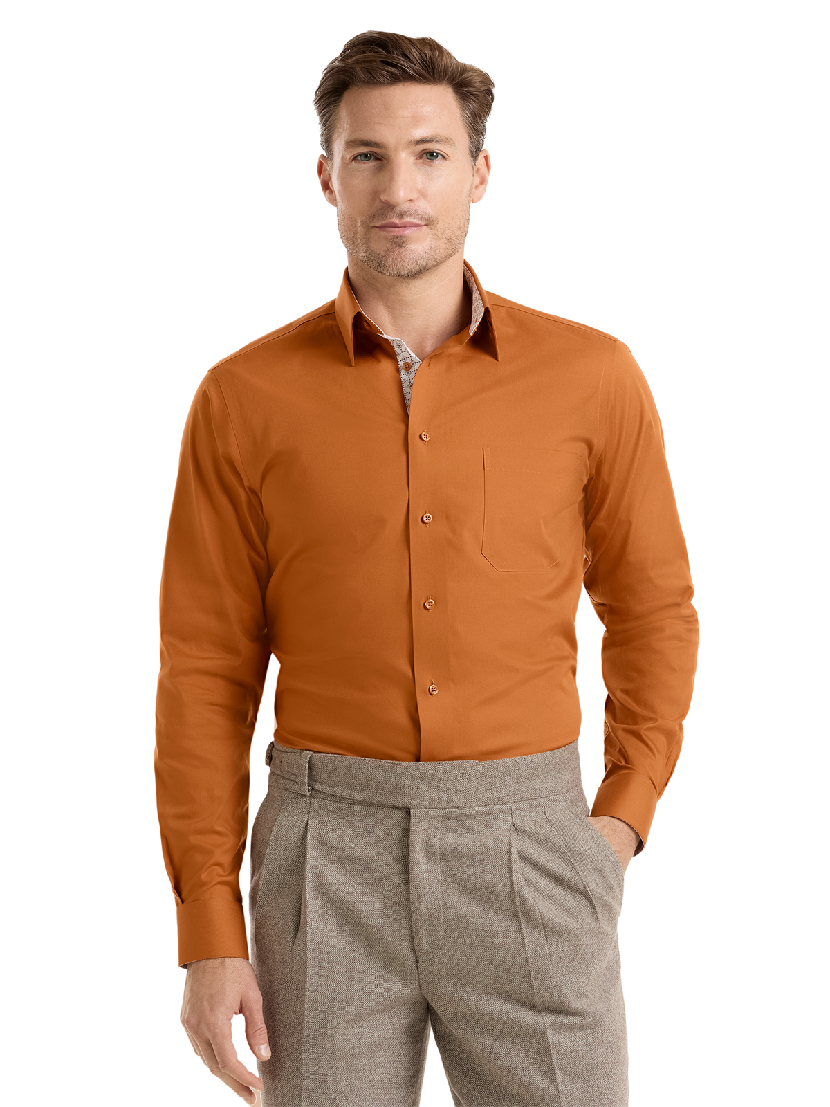 Non-Iron Cotton Solid Dress Shirt With Contrast Trim - Rust