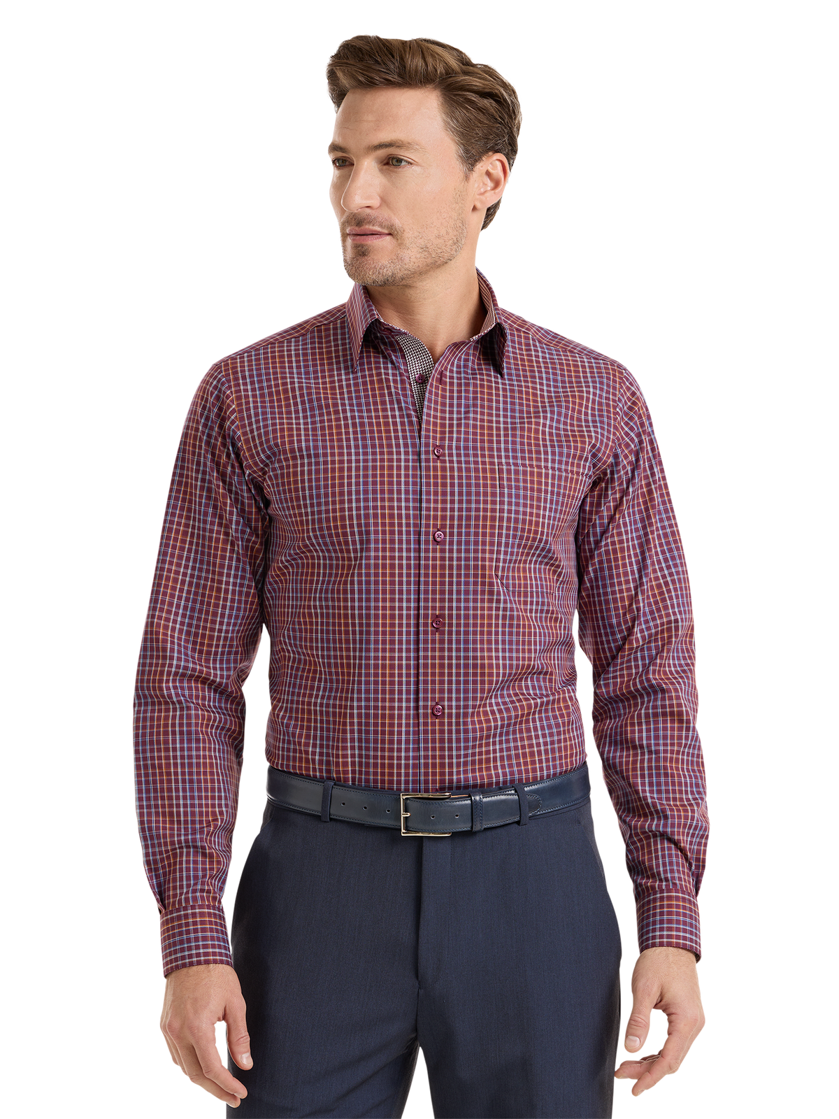 Non-Iron Cotton Check Dress Shirt With Contrast Trim - Burgundy Multi