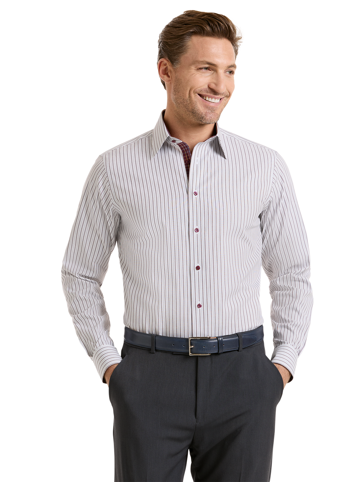 Non-Iron Cotton Stripe Dress Shirt With Contrast Trim - White/burgundy