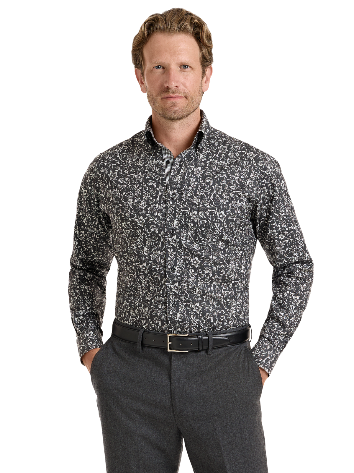 Non-Iron Cotton Floral Dress Shirt With Contrast Trim - Black