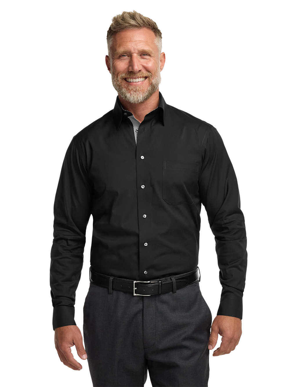 Alternate Shot of Men's Black Solid Shirts Trim Inside Neckband Inside Cuffs Button Side Of Placket