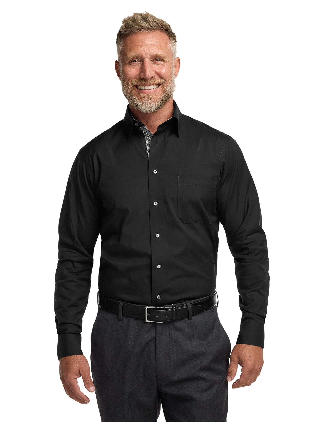 Comfort Stretch Non-Iron Solid Dress Shirt With Contrast Trim - Black