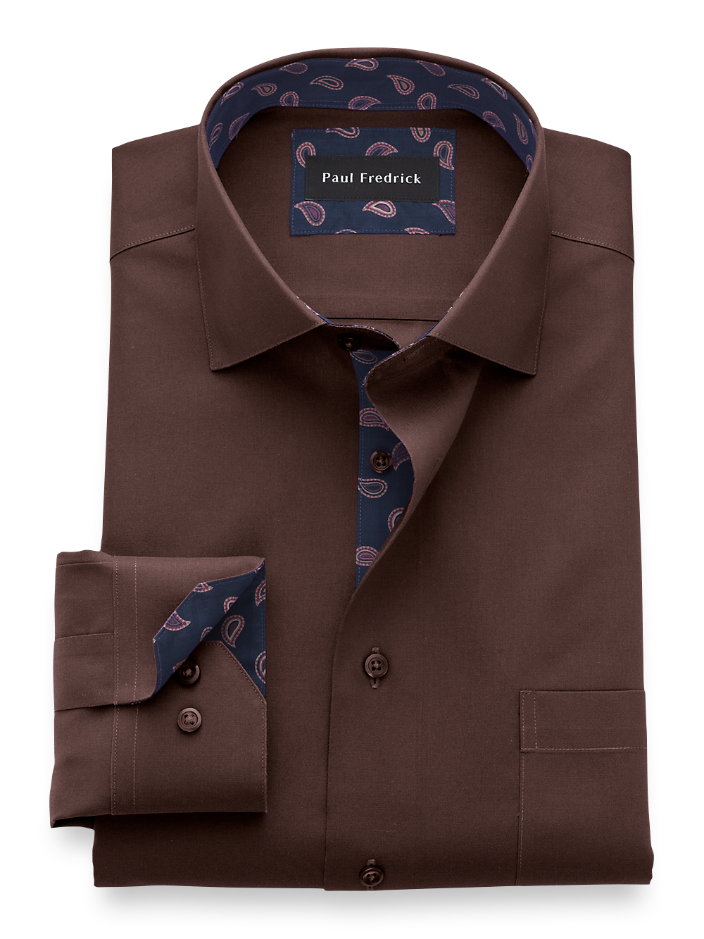 Non-Iron Cotton Solid Dress Shirt With Contrast Trim - Chocolate Paul Fredrick Non-Iron Cotton Solid Dress Shirt With Contrast Trim - Chocolate Paul Fredrick