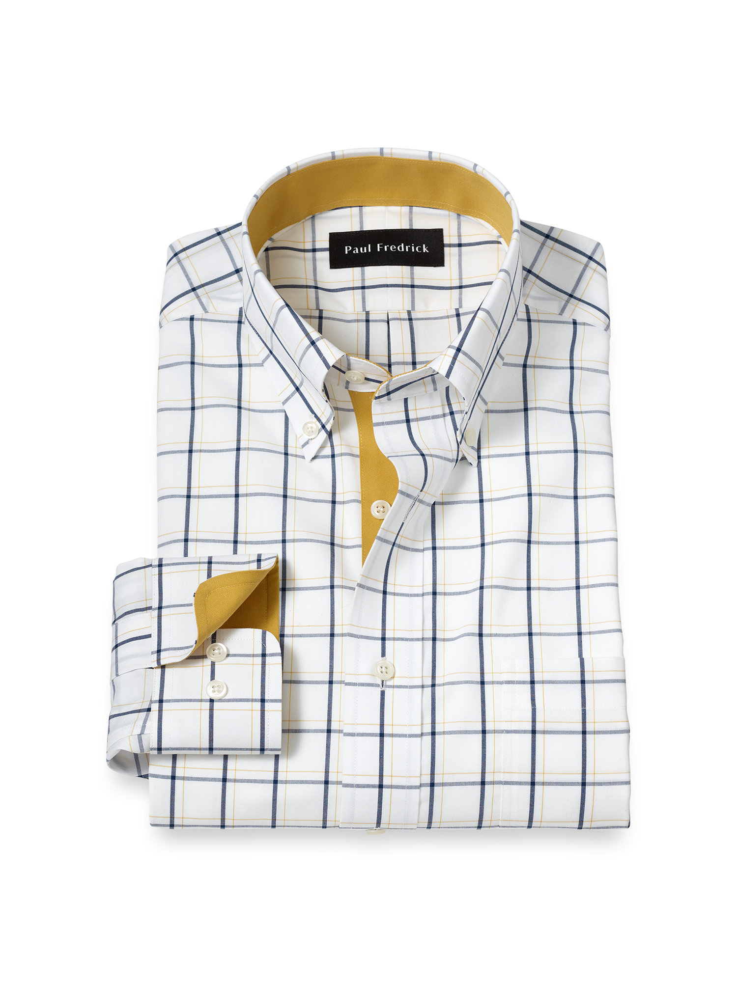 Non-Iron Cotton Windowpane Dress Shirt With Contrast Trim - Navy/gold Slim Fit / 14.5 / 33 Non-Iron Cotton Windowpane Dress Shirt With Contrast Trim - Navy/gold Slim Fit / 14.5 / 33