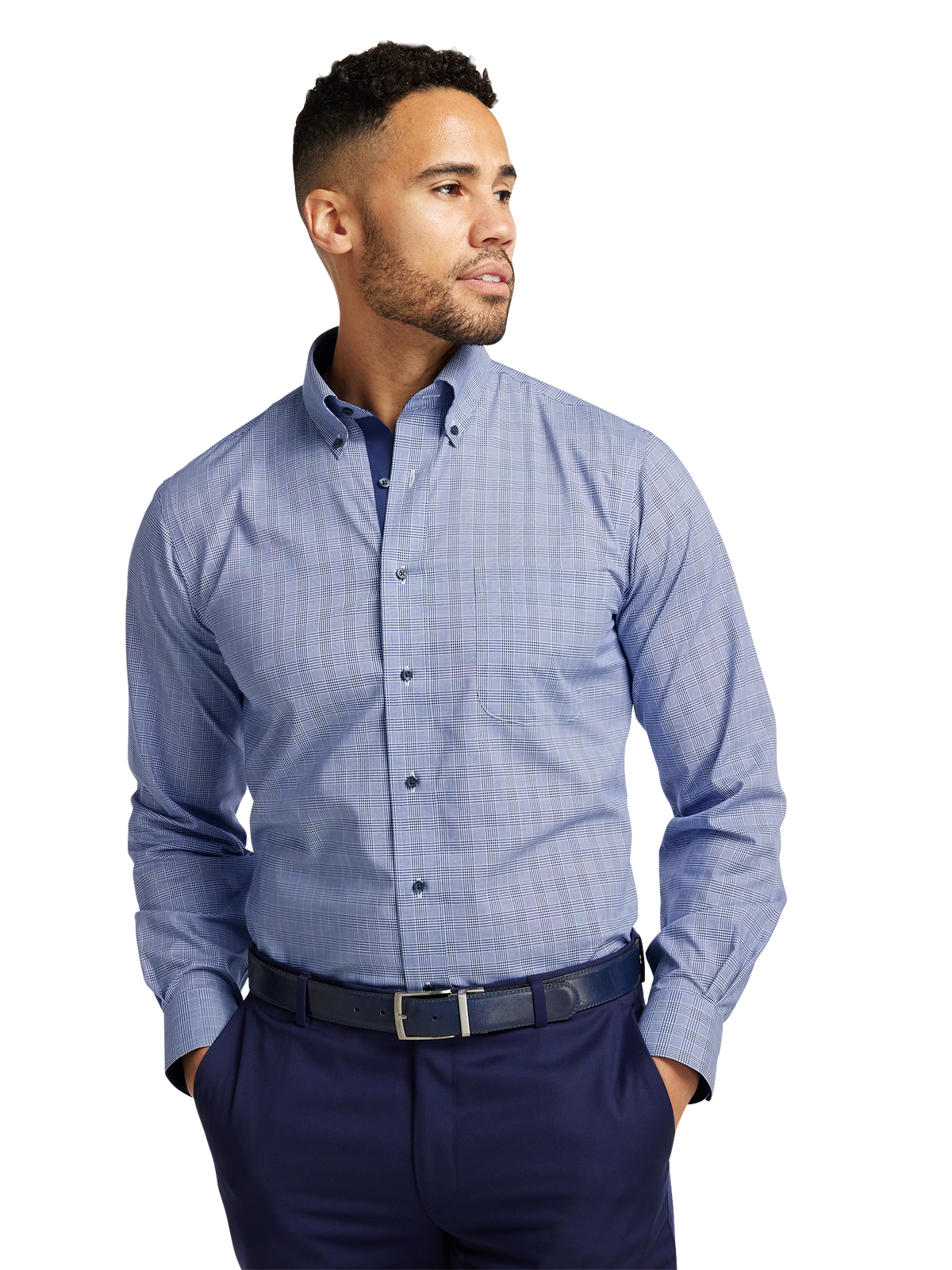 Non-Iron Cotton Plaid Dress Shirt With Contrast Trim - Sodalite