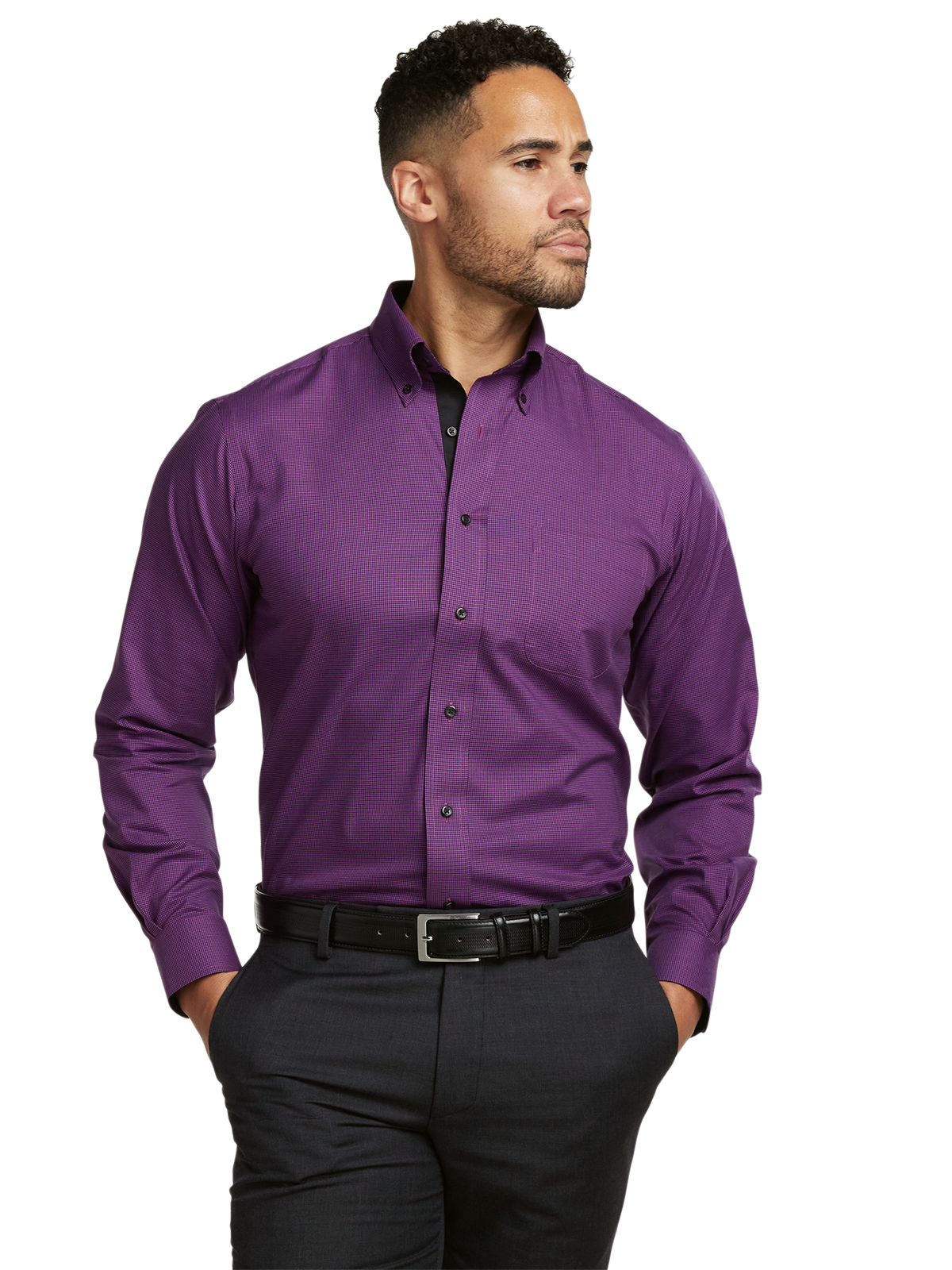 Non-Iron Cotton Houndstooth Dress Shirt With Contrast Trim - Black/purple