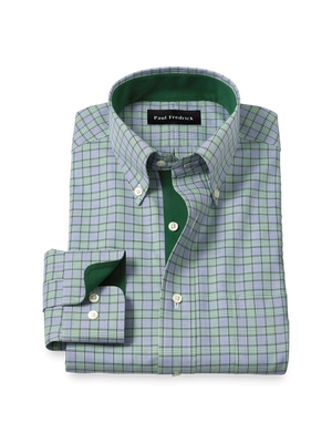 Non-Iron Cotton Plaid Dress Shirt With Contrast Trim - Navy/green
