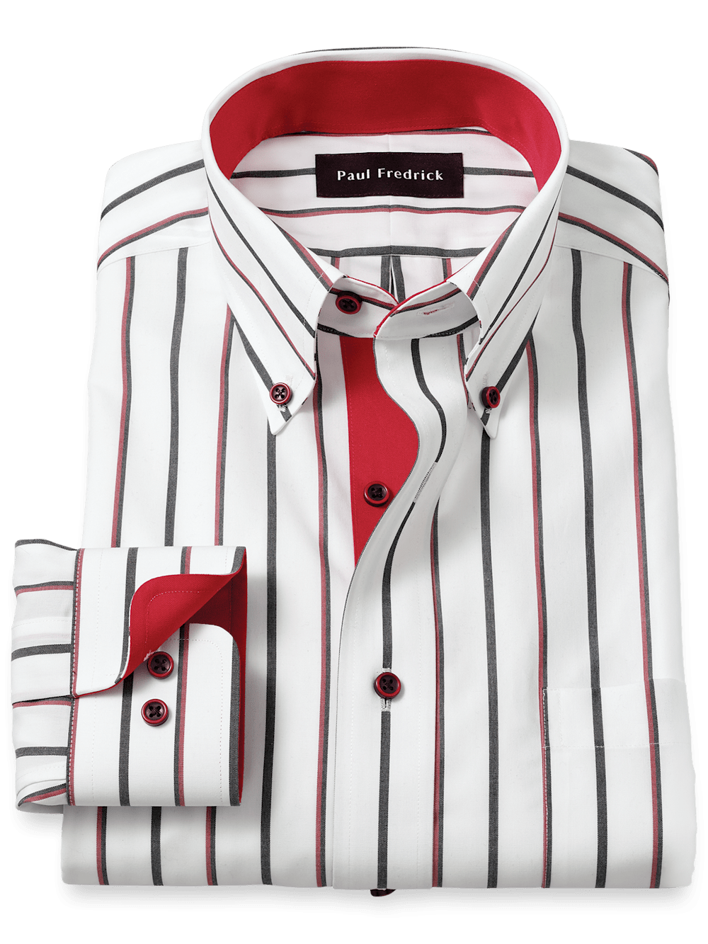 Non-Iron Cotton Stripe Dress Shirt With Contrast Trim - Black/red Paul Fredrick Non-Iron Cotton Stripe Dress Shirt With Contrast Trim - Black/red Paul Fredrick