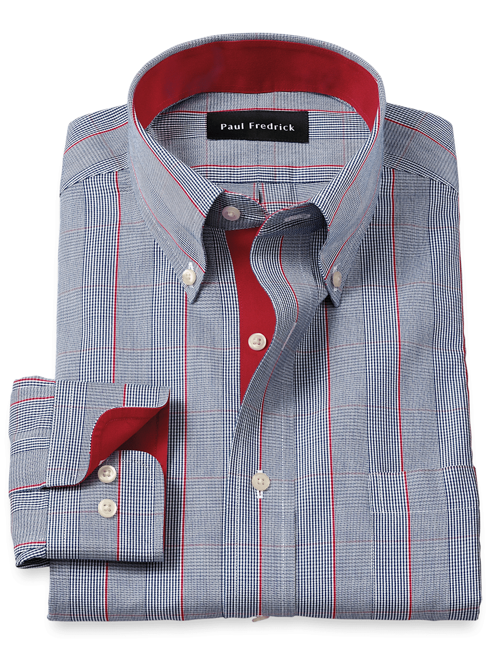 Non-Iron Cotton Glen Plaid Dress Shirt With Contrast Trim Navy