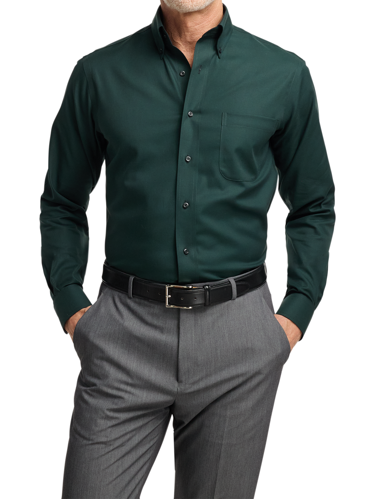 Non-Iron Cotton Houndstooth Dress Shirt With Contrast Trim - Black/green