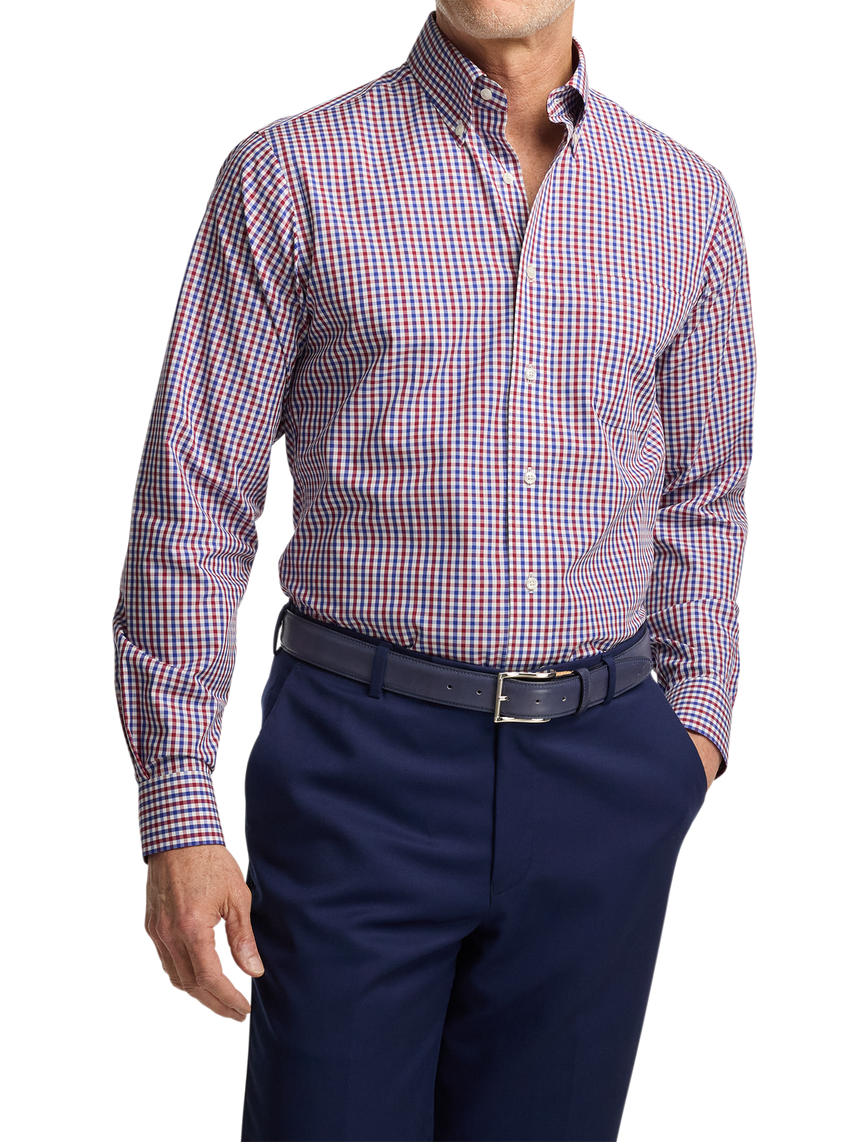 Non-Iron Cotton Gingham Dress Shirt With Contrast Trim - Blue/red