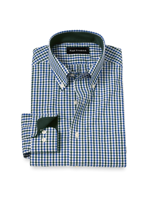 Non-Iron Cotton Gingham Dress Shirt With Contrast Trim - Blue/green