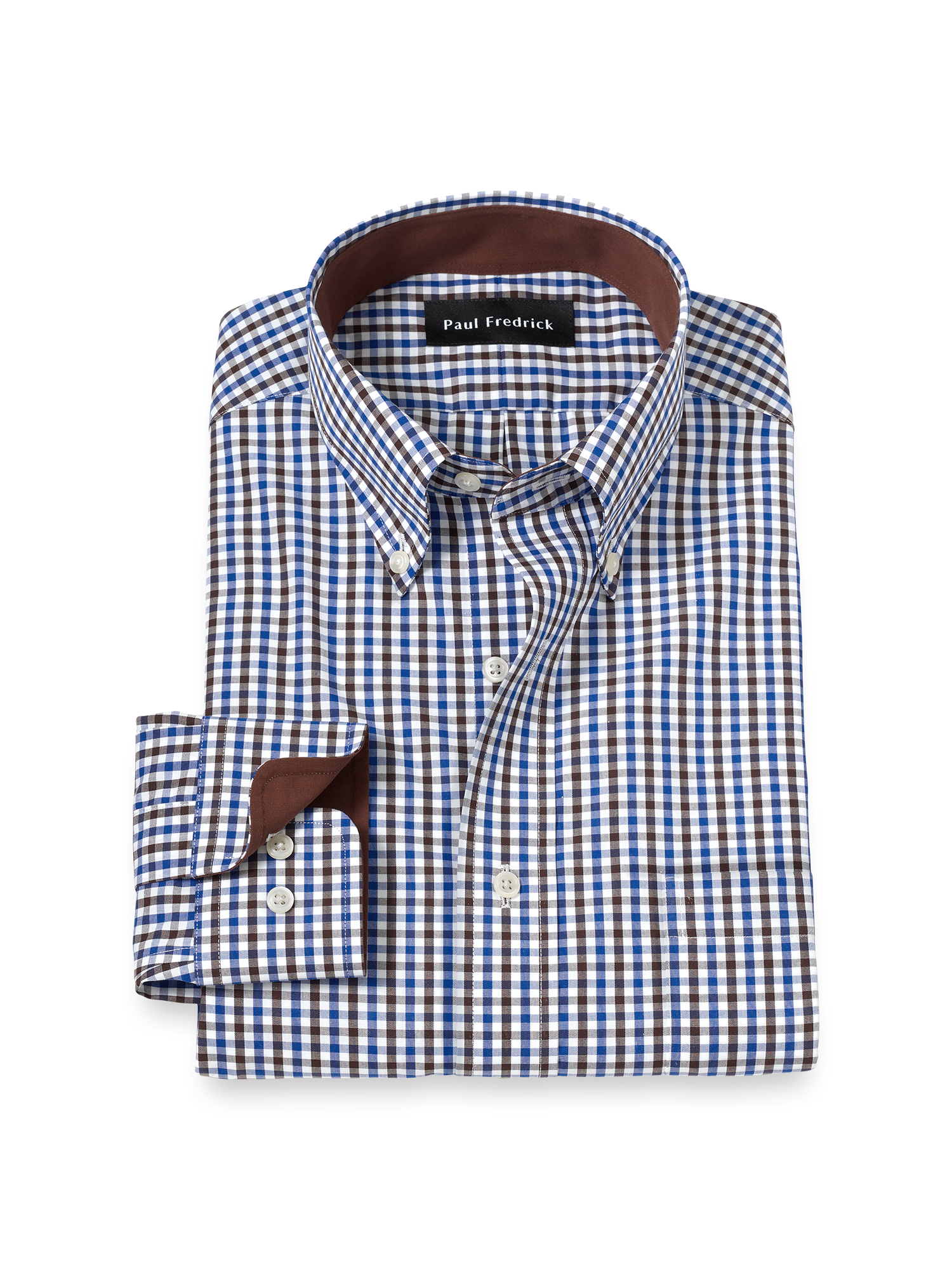 Non-Iron Cotton Gingham Dress Shirt With Contrast Trim - Blue/brown Classic Fit / 17 / 37 Non-Iron Cotton Gingham Dress Shirt With Contrast Trim - Blue/brown Classic Fit / 17 / 37