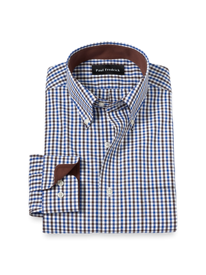 Non-Iron Cotton Gingham Dress Shirt With Contrast Trim - Blue/brown