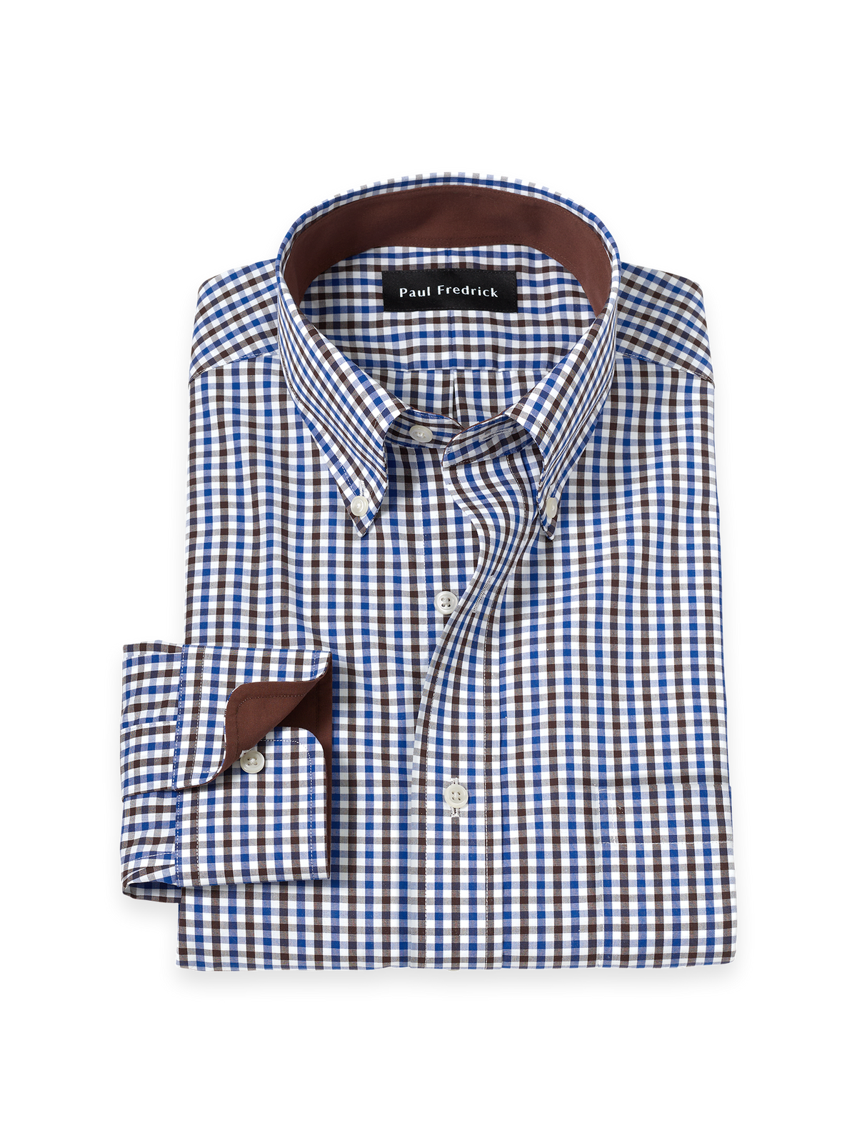 Non-Iron Cotton Gingham Dress Shirt With Contrast Trim - Blue/brown