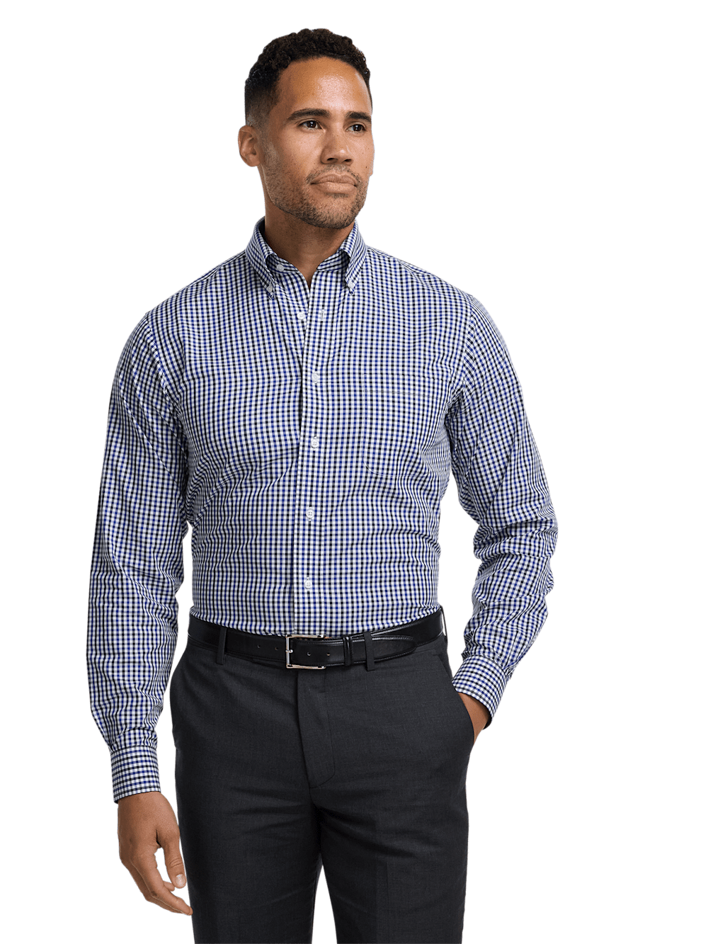 Alternate Shot of Men's Blue/Black Check Shirts Contrast Fabric Inside Neckband And Cuffs