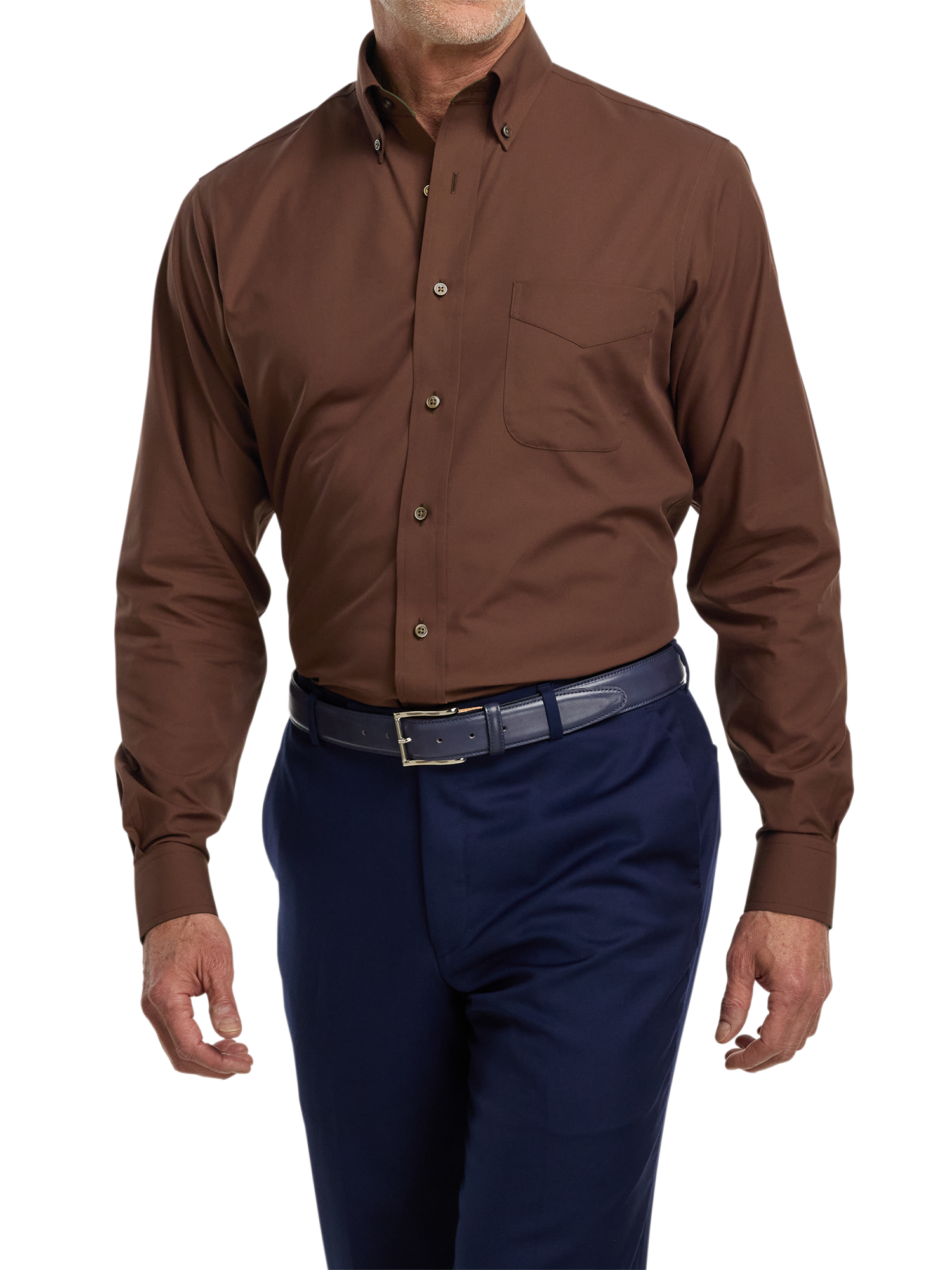 Non-Iron Cotton Solid Dress Shirt With Contrast Trim - Brown