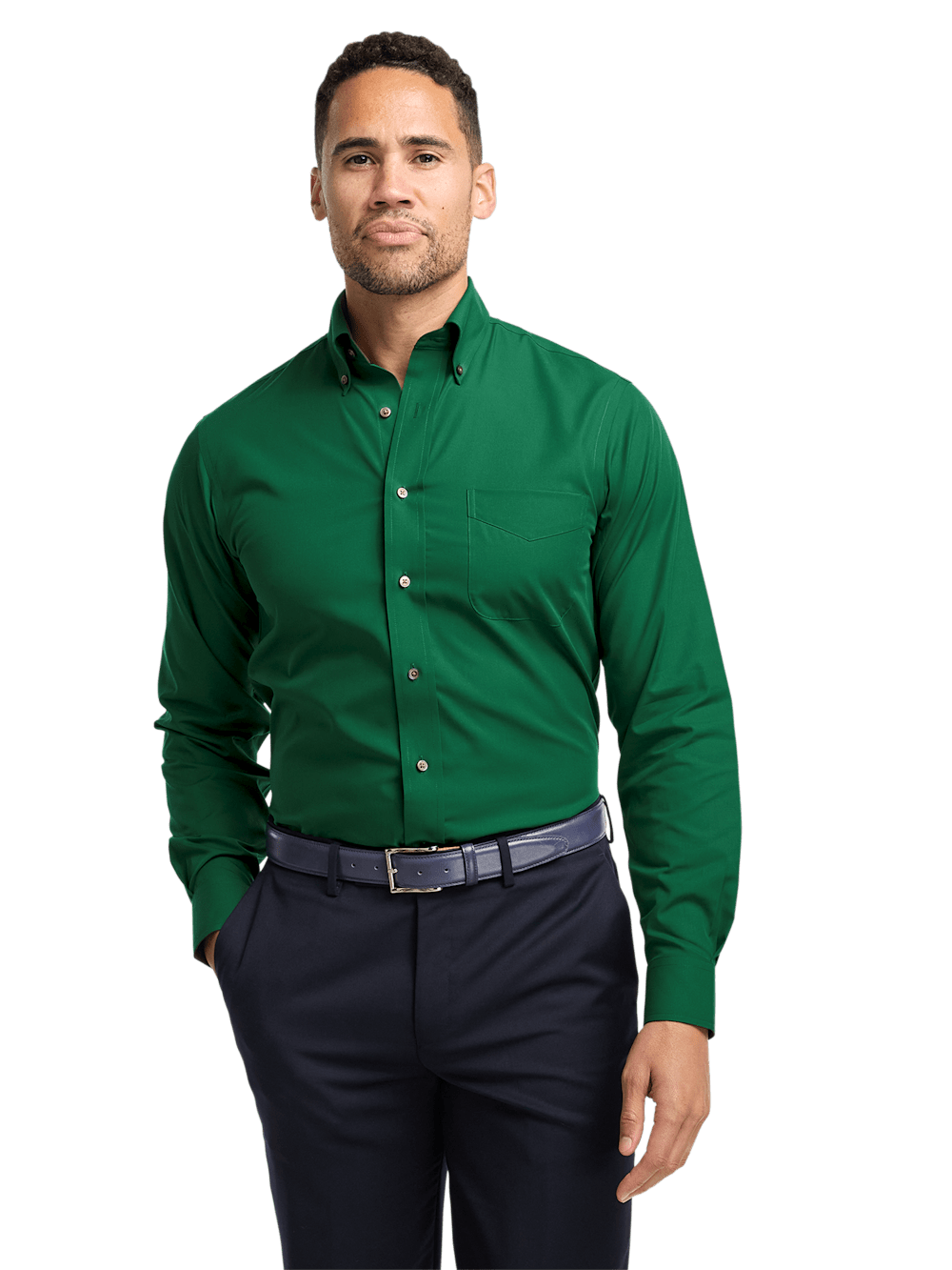 Alternate Shot of Men's Green Solid Shirts Contrast Fabric Inside Neckband And Cuffs