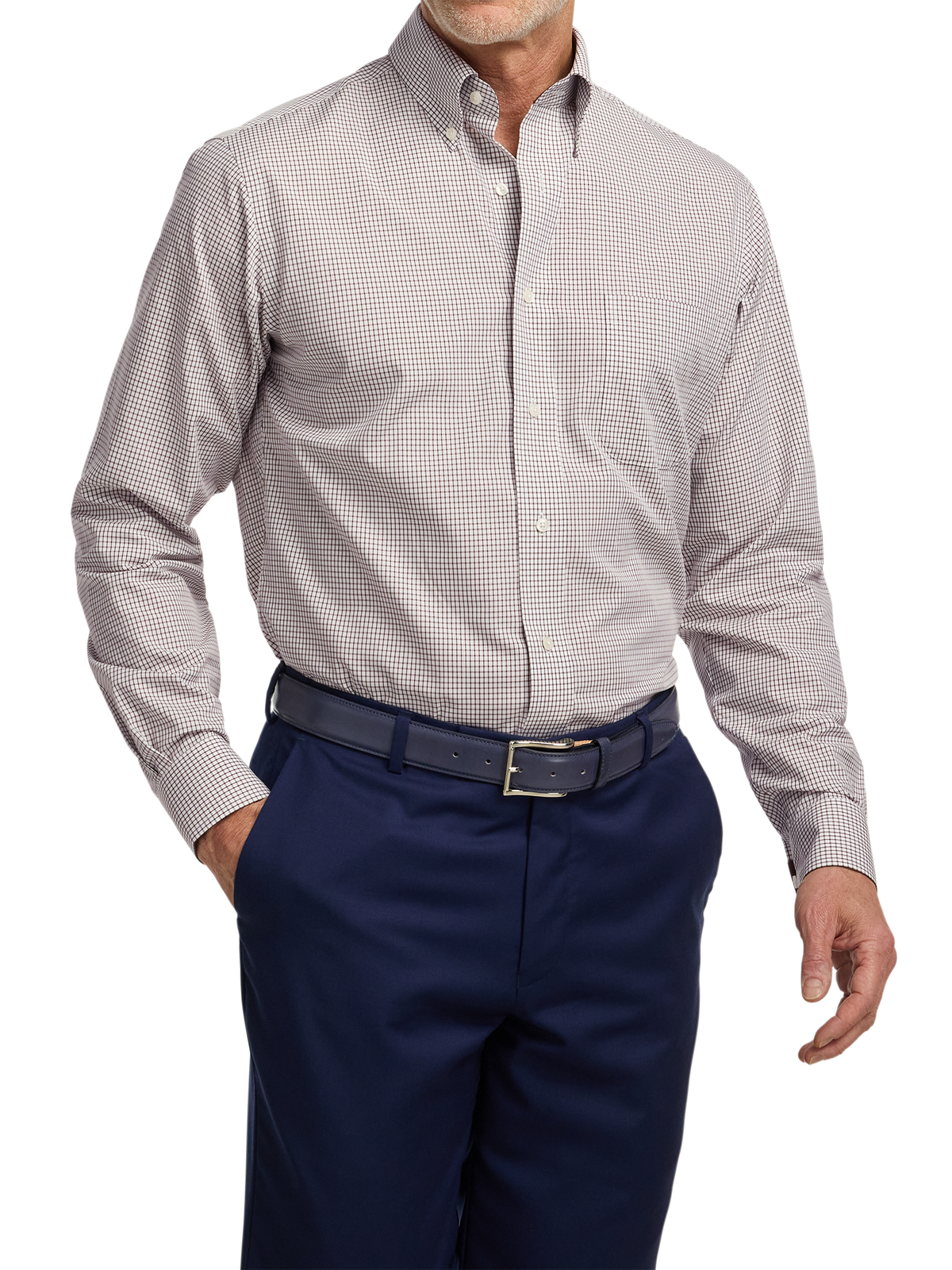Non-Iron Cotton Check Dress Shirt With Contrast Trim - Brown/white