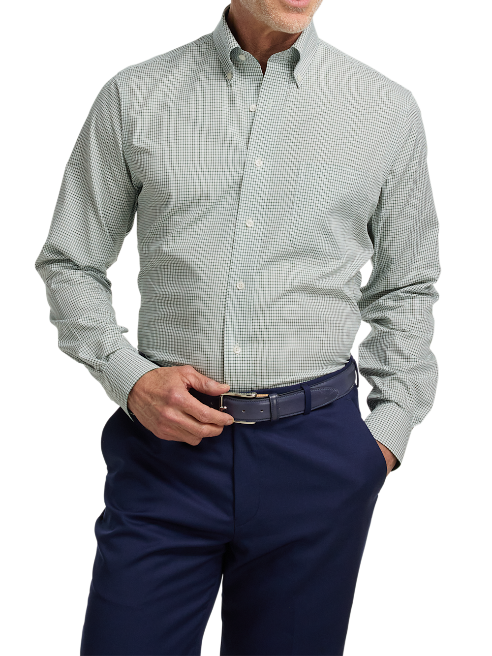 Alternate Shot of Men's Green/White Check Shirts Contrast Fabric Inside Neckband And Cuffs