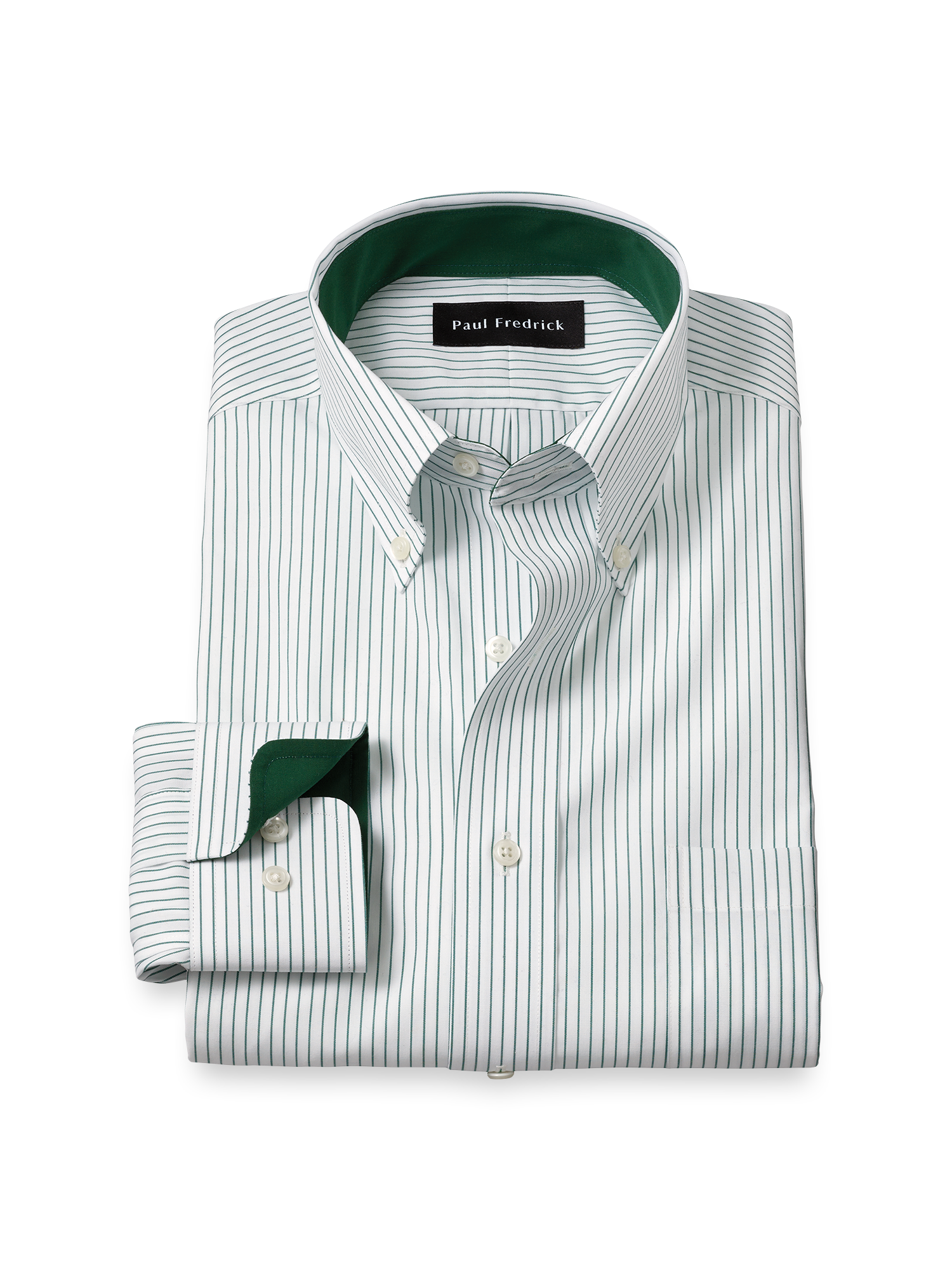 Non-Iron Cotton Stripe Dress Shirt with Contrast Trim - Green Slim Fit / 15.5 / 36 Non-Iron Cotton Stripe Dress Shirt with Contrast Trim - Green Slim Fit / 15.5 / 36