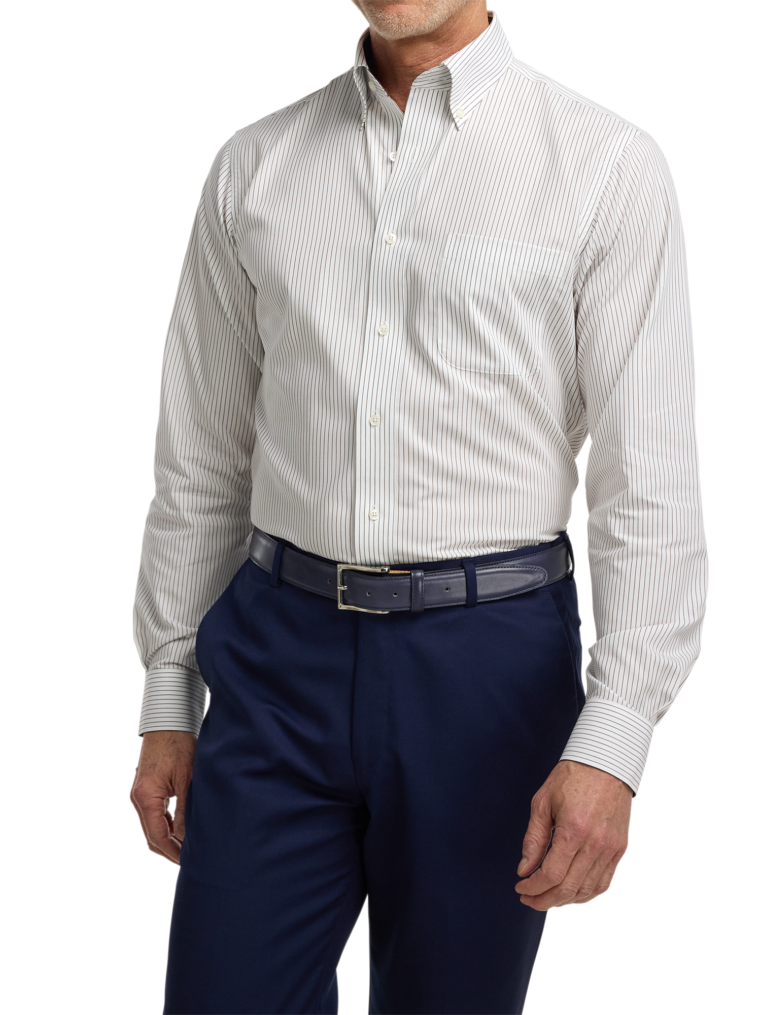 Non-Iron Cotton Stripe Dress Shirt With Contrast Trim - Brown