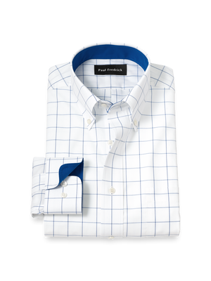 Non-Iron Cotton Windowpane Dress Shirt With Contrast Trim - Cobalt