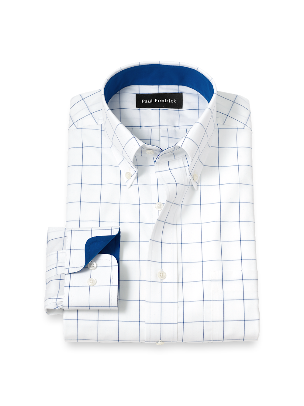 Non-Iron Cotton Windowpane Dress Shirt With Contrast Trim - Cobalt Paul Fredrick Non-Iron Cotton Windowpane Dress Shirt With Contrast Trim - Cobalt Paul Fredrick