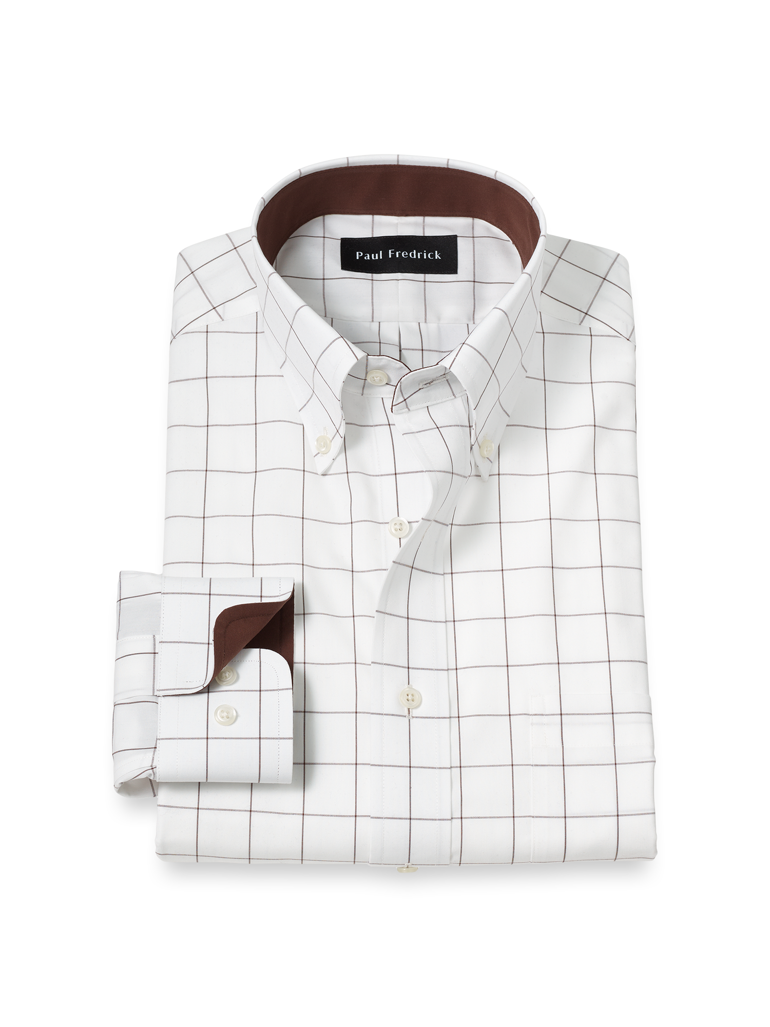 Non-Iron Cotton Windowpane Dress Shirt With Contrast Trim - Brown