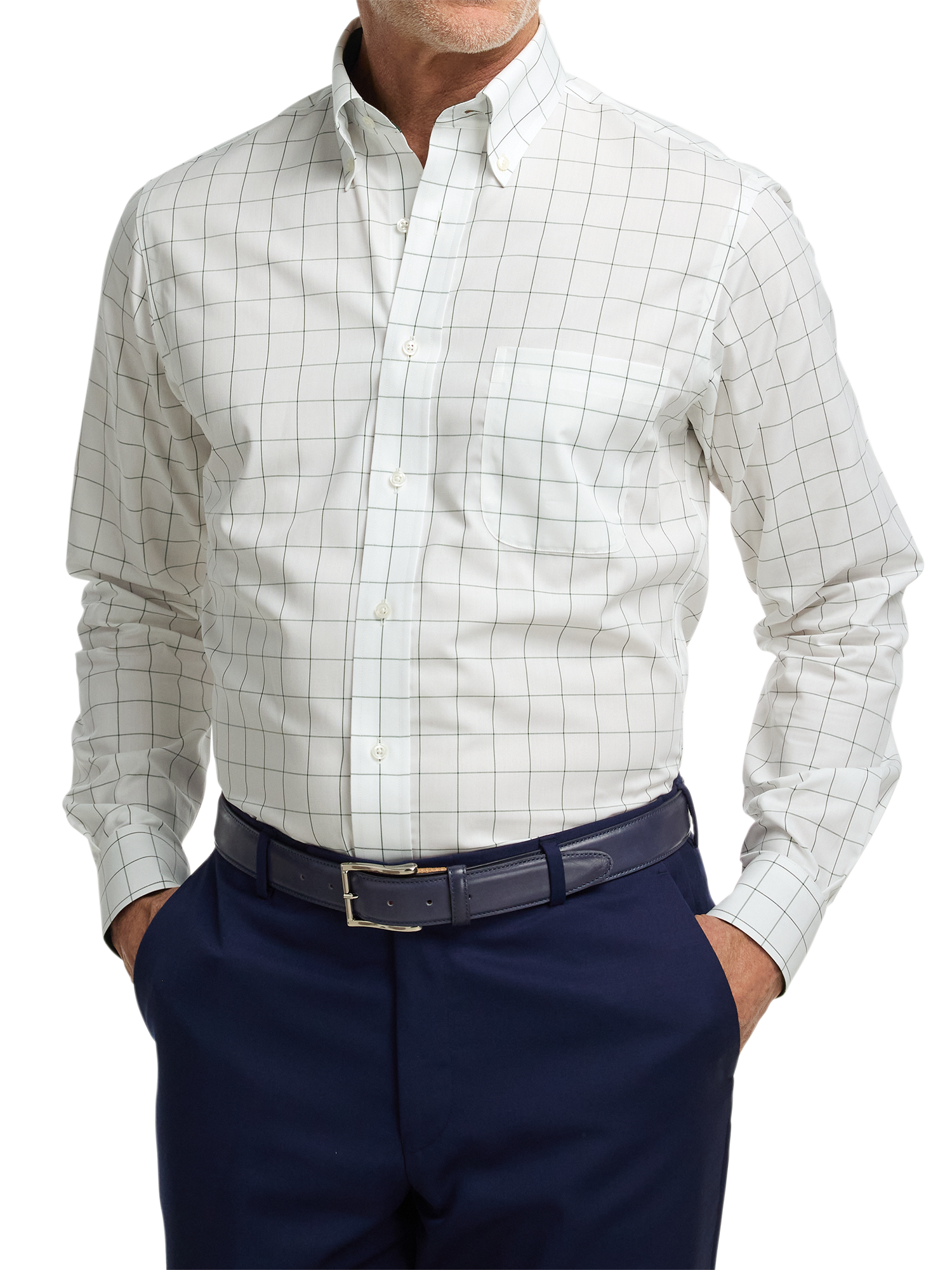 Non-Iron Cotton Windowpane Dress Shirt With Contrast Trim - Green