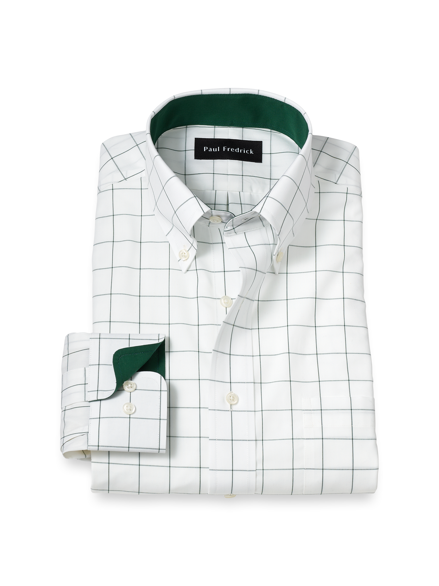 Non-Iron Cotton Windowpane Dress Shirt With Contrast Trim - Green