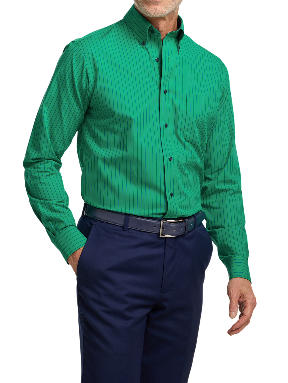 Alternate Shot of Men's Green Stripe Shirts Contrast Fabric Inside Neckband And Cuffs