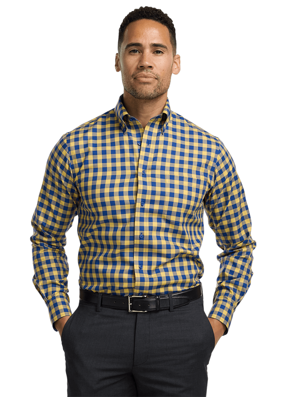 Alternate Shot of Men's Blue/Yellow Check Shirts Contrast Fabric Inside Neckband And Cuffs