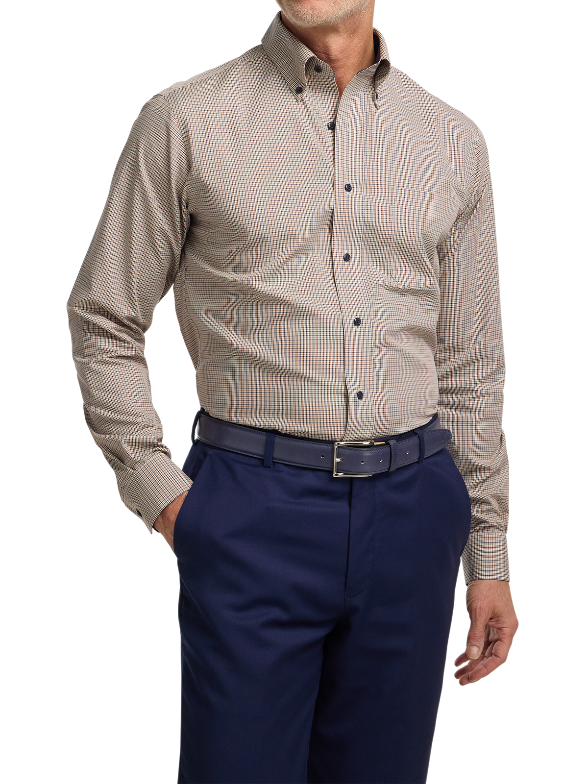 Non-Iron Cotton Check Dress Shirt With Contrast Trim - Navy/gold