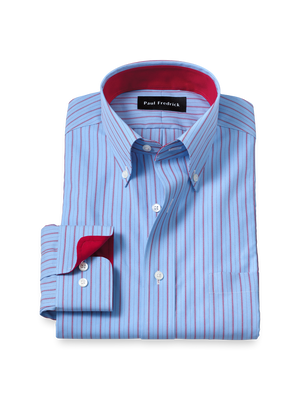 Non-Iron Cotton Stripe Dress Shirt With Contrast Trim - Blue/red