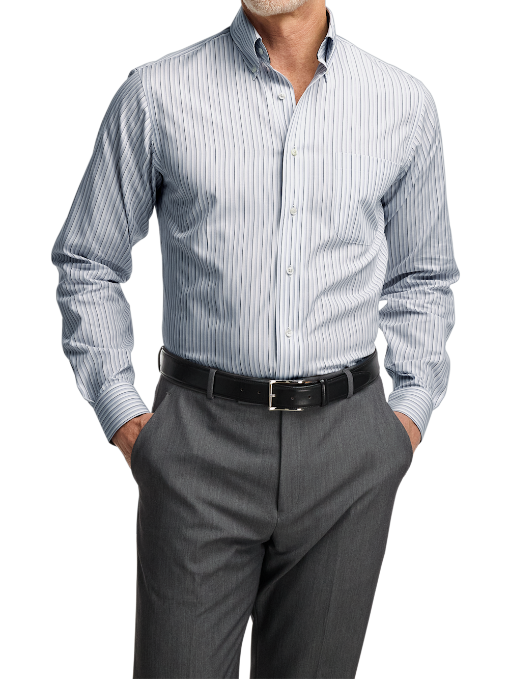 Alternate Shot of Men's Grey/White Stripe Shirts Contrast Fabric Inside Neckband And Cuffs