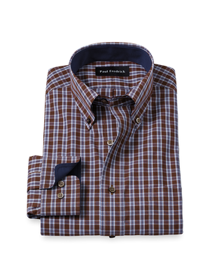 Non-Iron Cotton Plaid Dress Shirt With Contrast Trim - Brown/blue