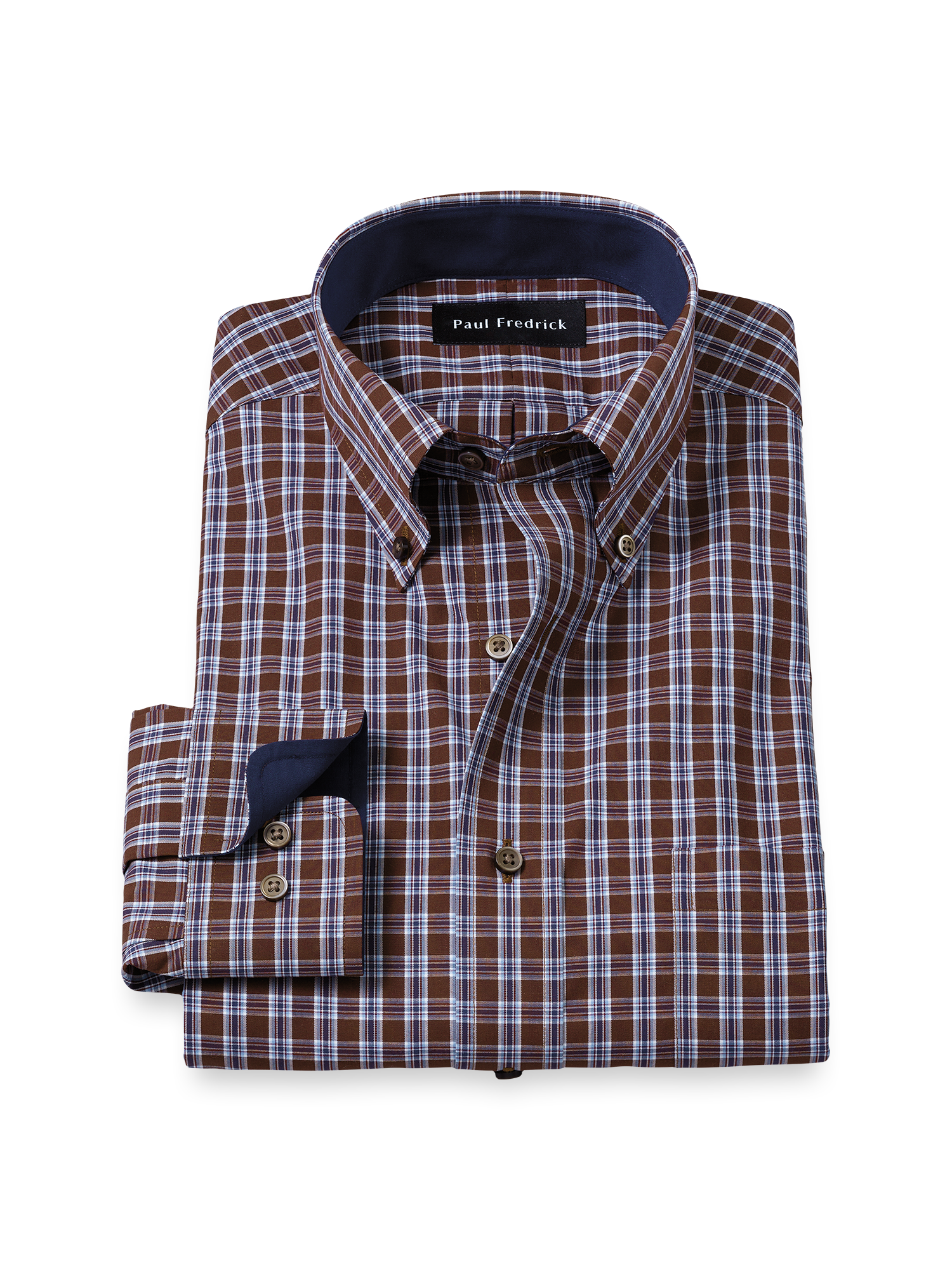 Non-Iron Cotton Plaid Dress Shirt With Contrast Trim - Brown/blue Slim Fit / 18 / 36